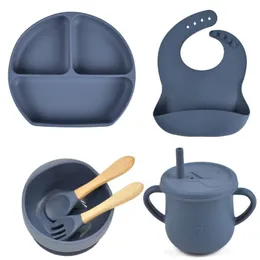 6 st/set baby silikon matplatta med sucker skål sippy cup haklappar sked gaffel bpa gratis barn matar bordsartiklar baby rätter 240416