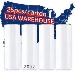 US CA Stock 20oz Süblimasyon Boşlukları Kupalar Paslanmaz Çelik Yalıtılmış Tumbler Su Şişeleri Plastik Kapaklı ve DIY Baskı için Pipet 0426