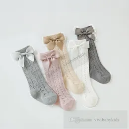 Summer Girls hollow knitted socks sweet kids ribbon Bows 3/4 knee high princess sox spain style children cotton breathable legs Z7894