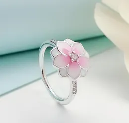 Cerise Enamel Pink Cz Rings Set Original Box для 925 серебряного серебра Magnolia Bloom Ring Женское свадебное подарки.