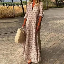 Lässige Kleider Vintage weibliche Standkragen Hemd Strandkleid Lose Langarm Boho Maxi Sommer Modedruck Frauen Party