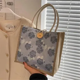 Totes Women Linen Handbag Rose Flower Print Packing Pouch Reusable Eco-friendly Shopping Bag Large Capacity Lunch Tote