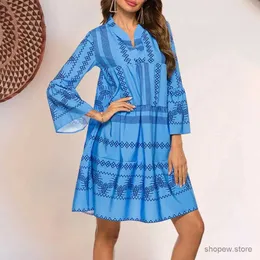 Grundläggande casual klänningar Kvinnor V-LINE Print Dress Bohemian Elegant Bekväm trendig fin utförande Stand Collar Dress Lady Accessories