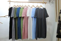 Summer autumn women designer dresses round neck Half sleeve large size casual loose long solid color cotton linen dress