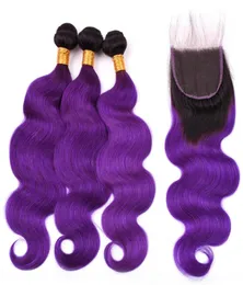 1BPurple Ombre Malaysian Human Hair Bundles with Closure Body Wave Ombre Purple Weave Bundles 3Pcs with 4x4 Lace Closure 4Pcs Lo3930107