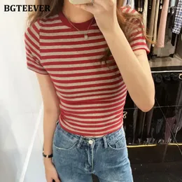 Women's T Shirts BGTEEVER Vintage Ladies Striped Tees O-neck Slim Stretched Women Cotton T-shirts Casual Summer Tops