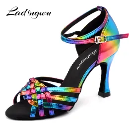 Boots Free Shipping Latin salsa shoes lady Ladingwu Rainbow Color 2019 PU 9cm Heel Ballroom Latin Dance Shoes women New Brand