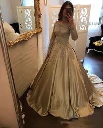 2018 Gold Depiqued Dresses Prom Virtes Long Sleeve Lace Evening Party Dontructed Satin Bateau Pageants Dress Red Carpet Dress Custom 3862910