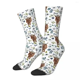 Men's Socks Highland Cow Floral Crown Painting Farmhouse Decor Harajuku Super Soft Stockings All Season Long