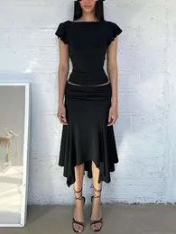 ワークドレス泡立つ女性用エレガントな不規則な2ピースセットフリル半袖ローウエストフォールドミディドレススリムビーチパーティー衣装フェム
