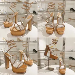 Gold Platform Sandal 140mm Rhinestones-studded Chunky Heel Sandals Square Head Snake Ankle Wraparound Women's Designer Shoes s Original Quality