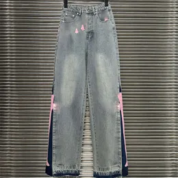 Leder Patchwork Jeans Frauen Denimhose Luxus blau Kontrast Farbe Freizeit Jean Hosen Designer Modestil Jeans