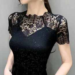 M-4XL Summer Hollow out Black shirt fashion Sexy Short-sleeved Mesh Lace T shirt Women Casual Bright silk Tops 240425