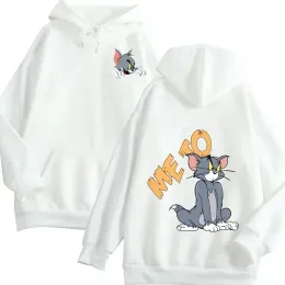 Шаллеры Kawaii Cartoon Print Whotshirt Harajuku Hoodie Cat Tom Mouse jerry new Ulzzang Пара одежда. Кавальный с длинным рукавом Unisex