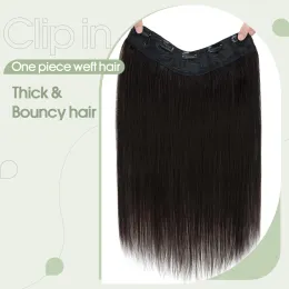 Piece Clip in Hair Extensions 5 Clips 3/4 Full Head V Part Weft Thicker Hair Lace Net One Piece Hair Extensions #1B Natural Black