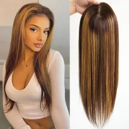 Toppers 6 "x6" Highlight Human Hair Topper Seidenbasis #4/27 Braun Blonde Frauen Toupe Jungfrau European Hair Seidentop Haartippe mit Clip In