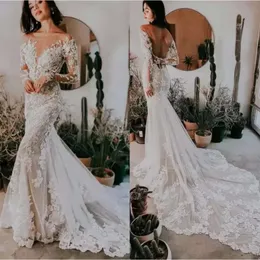 Mermaid Boho Long Wedding Sleeves Dresses Elegant Sheer Scoop Neck Lace Applique Sweep Train Beach Garden Plus Size Vestido Backless Bridal Gown De Bc