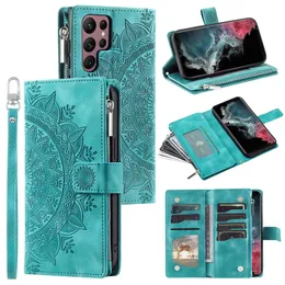 Zipper PU Skórzane telefony dla Samsung Galaxy S24 S23 S22 S21 S20 Note20 Ultra Note10 Plus totem wytłaczanie portfela Flip Kick -Staund Case z wieloma kartami kart