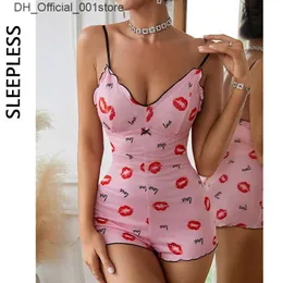 Set sexy set monopezzo da donna pigiama stampato per labbra rosso corpo comodo abiti da casa di seta per la casa a v-scollo a v-torta set di pigiama del pigiama q240426