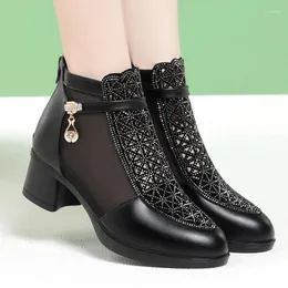 Dress Shoes 2024 Spring Summer Middle Heel Fashion Comfort Rhinestones Soft Leather Sandals Thick Heels Mesh Boots Hollow Women's