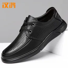 Han Hong Leather Shoes Mens Genuine Summer Hollow Breathable Soft Anti slip Casual Dad 240417