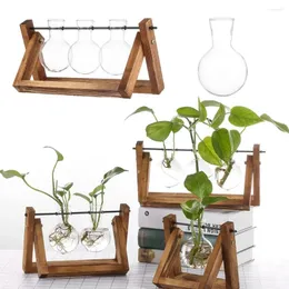 Vases Hydroponic Plant Glass Vase Vintage Bonsai Flower Pot Terrarium Tabletop Tray Wooden Frame Home Decorative