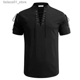 T-shirt maschile estate New Mens Shirt a Vesto a V Shirt Shorted Cotton e Linen LED Casual Shirt Maschio traspirato Topsq240426