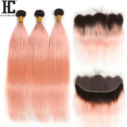 إغلاق HC Dark Roots Rose Gold Ombre Lace Frontal مع حزم الشعر 1B Pink Ombre نسج الشعر المستقيم 3 حزم مع رمي الدانتيل الأمامي