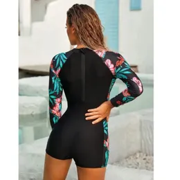 2024 NEW 2022 One Piece Long Sleeves Swimsuit Women Female Zipper Surf Bodysuit Floral Swimwear Girl Sun Protection Bathing Swimming Suitfor