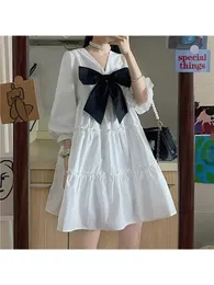 Houzhou Beyaz Elbise Kadınlar Kawaii Bow Mini Elbiseler Yaz tiki tarzı Sevimli Harajuku Vintage Kıyafetler Büyük Street Giyim 240418
