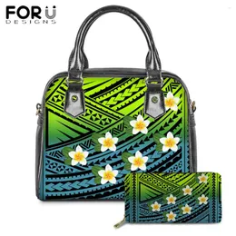 Shoulder Bags FORUDESIGNS Fashion PU Totes Bag For Women Tonga Ethic Tribe Style With Gradient Plumeria Prints Female Handbag&Purse Set