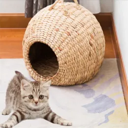 Mats verão Cama de gato legal Rattan Universal Bed Bed Dog Puppy Bed Animais Tocando escalada Toy Nest Pet Cat Supplies Cattail Woven House