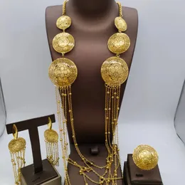 Fashion Dubai Gold Color Jewelry Set For Women African India Long Chain Tassels Necklace Earrings Ring Evening Party Gift 240423