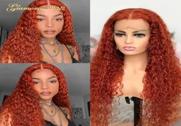 Farbiger lockiger Spitze Teil menschliches Haar Perücken brasilianischer Ingwer Orange für schwarze Frauen vorgelegt Remy -Dichte 1809366064