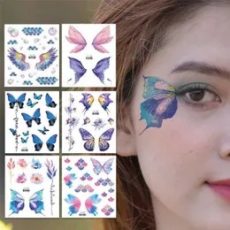 Tattoo Transfer Glitter Fairy Butterfly Wings Tattoo Aufkleber temporärer wasserdichte Augen Gesicht Arm Körperkunst gefälschte Tattoos Frauen Make -up -Produkte 240427