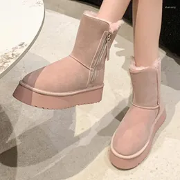 Boots 2024 Fashion Women's Shoes Zipper Winter Round Toe Solid Flock Plush Warm Mid-Calf Mid Heel Water Proof Snow