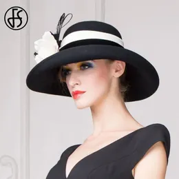 FS Large Black Hat Wide Brim Fedora Hats For Women Wool Felt Autumn Winter Church Bowler Cloche Flowers Sombrero Femme 240423