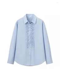 Kvinnor BLOUSES LADIES Office Style Front Cascading Ruffles Blue Long Shirts Women 2024 Spring Summer Casual Loosed Tops