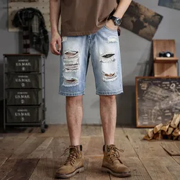 Sommaren plus size Men rippade shorts ljusblå denim mellanlängd byxor storlek 28-48 för 50-142 kg kille