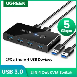 ハブUGREEN USB KVMスイッチUSB 3.0 2.0スイッチャーKVMスイッチWindows10 PCキーボードマウスプリンター2 PCS共有4デバイスUSBスイッチ