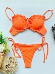 Swimwear's Swimwear Sexy Ruffles Front Wok Tie