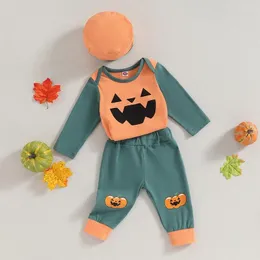 Kläder set baby pojkar byxor sätter avslappnad långärmad besättning hals grimas tryck romper med pumpa svettbyxor och hatt halloween kläder