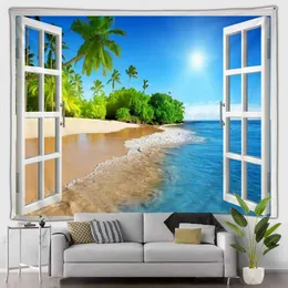 Tapestries Simulation Window Beach Forest Outdoor Tapestry Tropical Seaside Landskap Bohemian Psychedelic Art Home Living Room Bedroom Mural