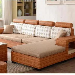 Camp Furniture Rattan Sofá Combinação da sala de estar Full Set de três pessoas Modern Cadeira Modern Cano Pequeno tecido de apartamento