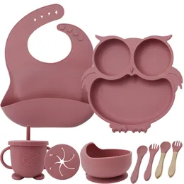 Baby Feeding Utensils Owl children's tableware set with complementary food for baby feeding plates, bibs, silicone bowls, mother and baby supplies, food grade