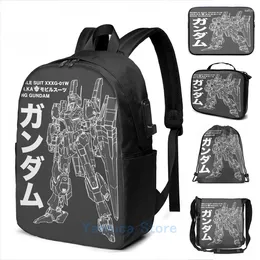 حقيبة ظهر مضحكة رسومية طباعة Gundam Mobile Suit White Fan Art USB Charge Men School Bags Women Bag Travel Laptop