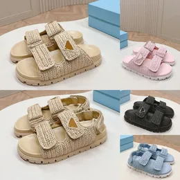 2024 New Designer Sandals P Woven Slippers Women's Sandals Slippers Luxury Beach Slippers Herringbone Slippers Triangle Grass s Women's Summer Slippers 35-41