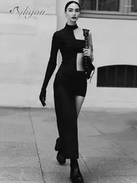 캐주얼 드레스 Ailigou 2024 여름 여자의 검은 섹시한 꽉 한 어깨 어깨 긴 소매 중공 비대칭 드레스 우아한 유명인 파티