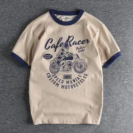 Verão americano retro short -shortsleeeueved motocicleta impressa camiseta masculina moda simples 100 algodão lavado esporte casual tops 240417
