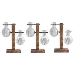 3x Hydroponic Vase med retro trästativutbredningsstationer för hydroponics växter kontorsskrivbord bröllopsdekor 2 glödlampor1612228